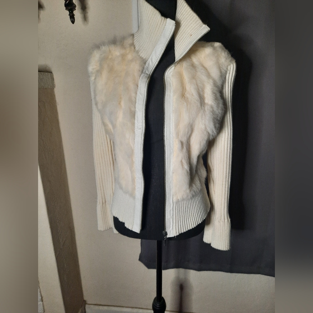 Chebellow Genuine Rabit Fur Leather Jacket- Plus Size